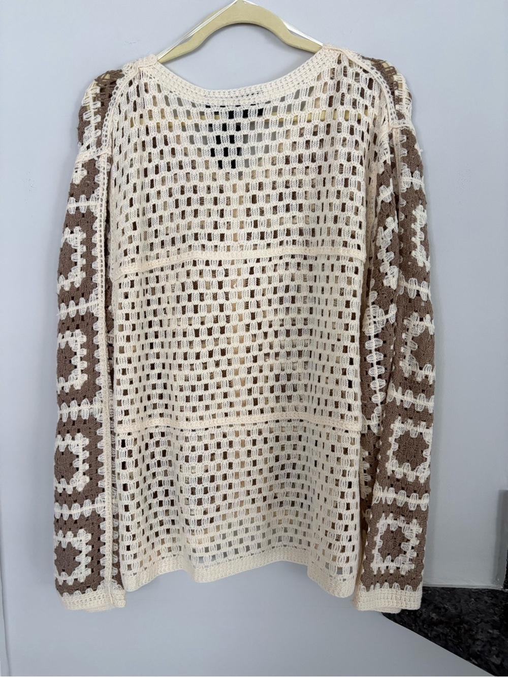 Cream and Brown Crochet-Style V-Neck Button down Women's Sweater - Picture 4 of 5